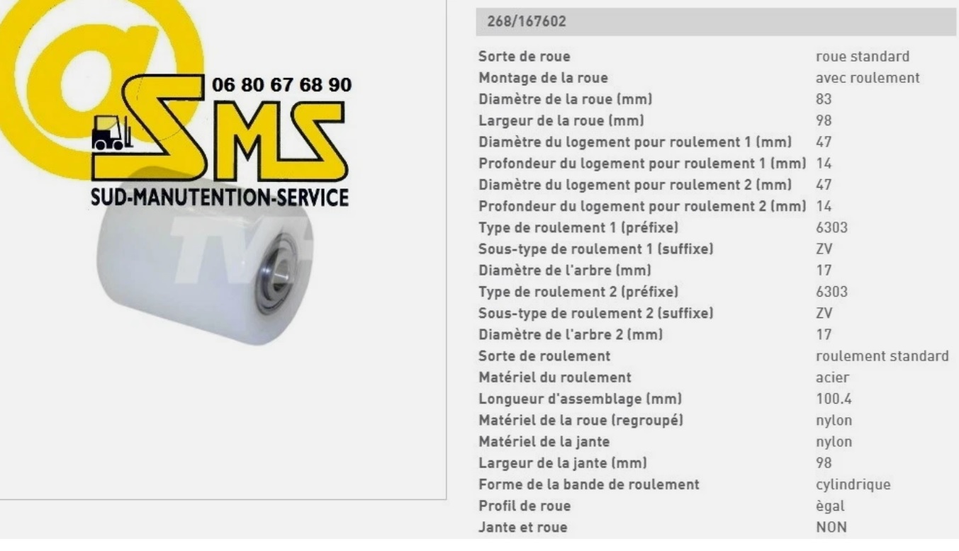 GALET DE FOURCHE PORTEUR NYLON BT LHM230 LHM 230 TRANSPALETTE 83 100 17 mm PIECES DETACHEES