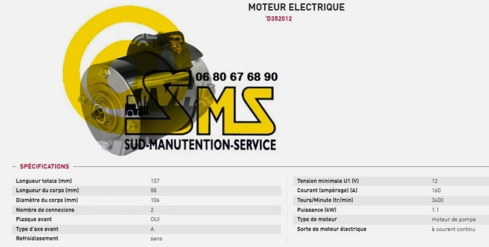 MOTEUR POMPE HYDRAULIQUE 12V 1.1 KW ECIA 109511X HPI ELECTRIQUE 12 VOLTS